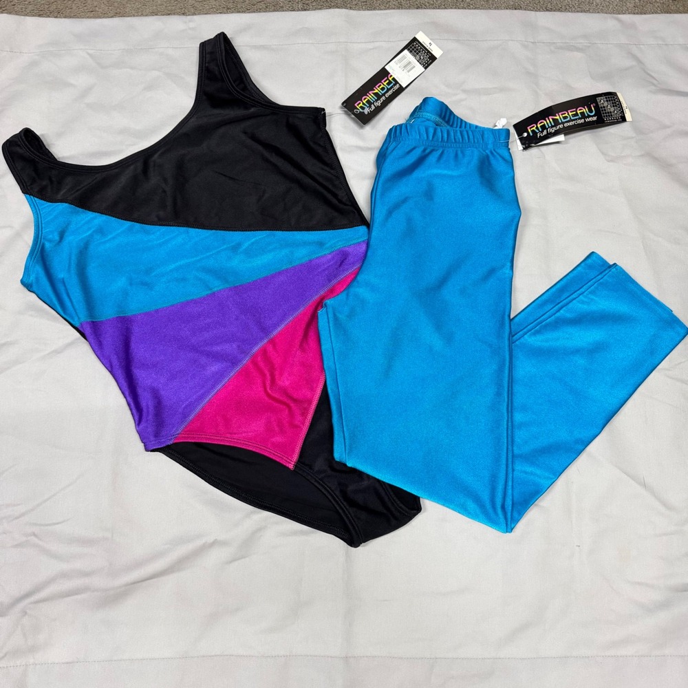 Vintage Rainbeau Bodywear Leotard and Leggings Set Teal Black Colorblock 1X NWT